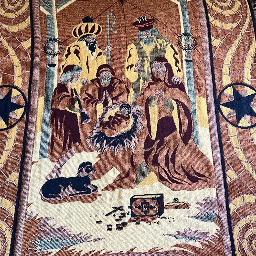 Vintage Tapestry Throw with Nativity Scene Fringed Trim 46X64”
